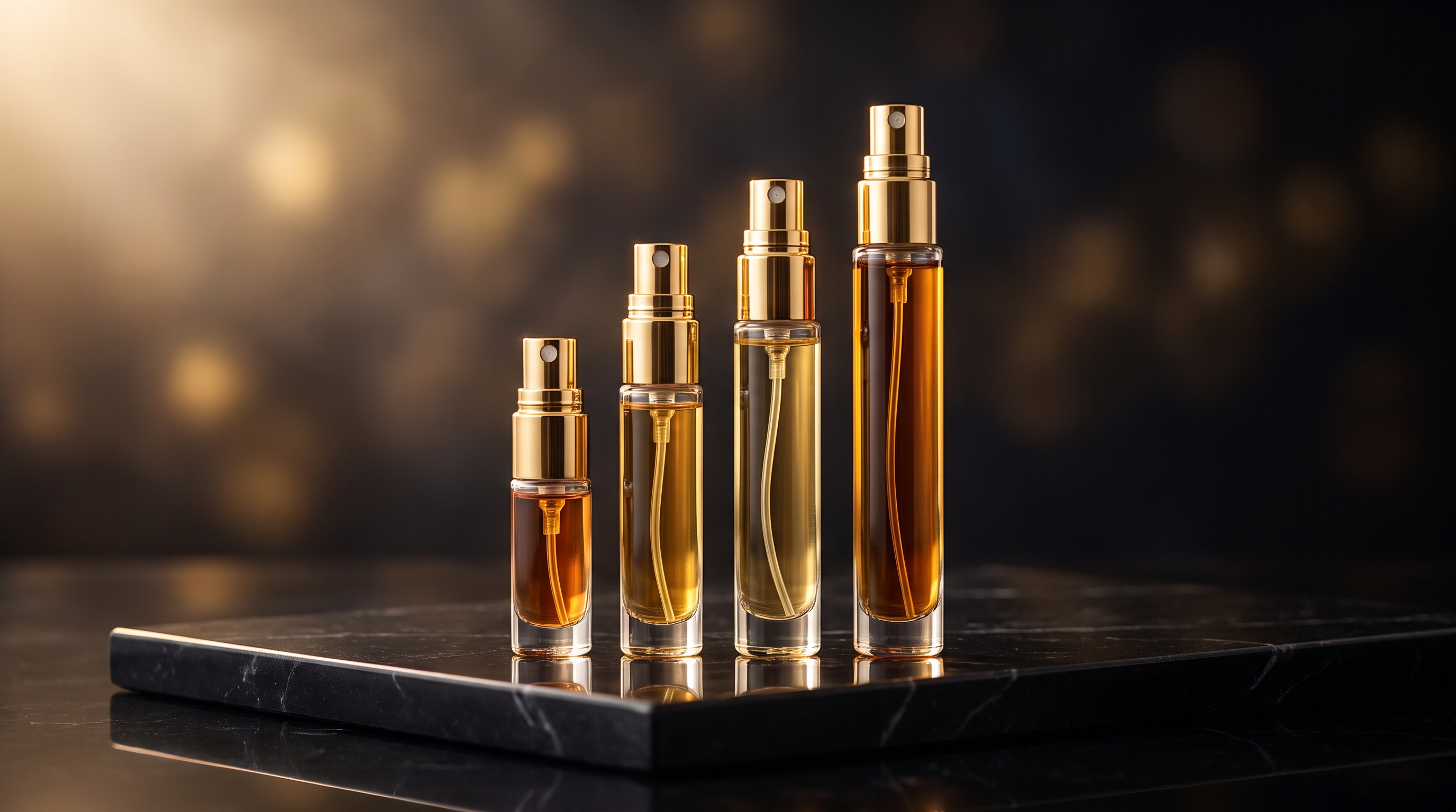 Four slim glass fragrance decant vials with gold atomisers in ascending 2ml, 5ml, 10ml and 30ml sizes — Fragrance ADDX Australia