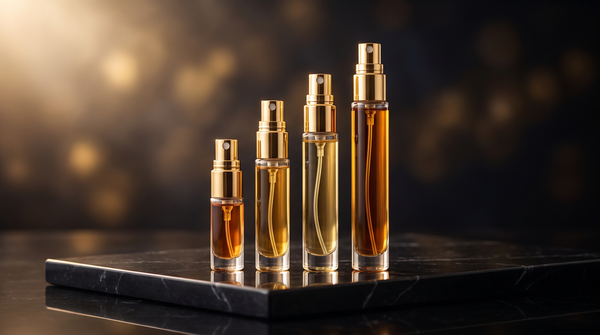 Four slim glass fragrance decant vials with gold atomisers in ascending 2ml, 5ml, 10ml and 30ml sizes — Fragrance ADDX Australia