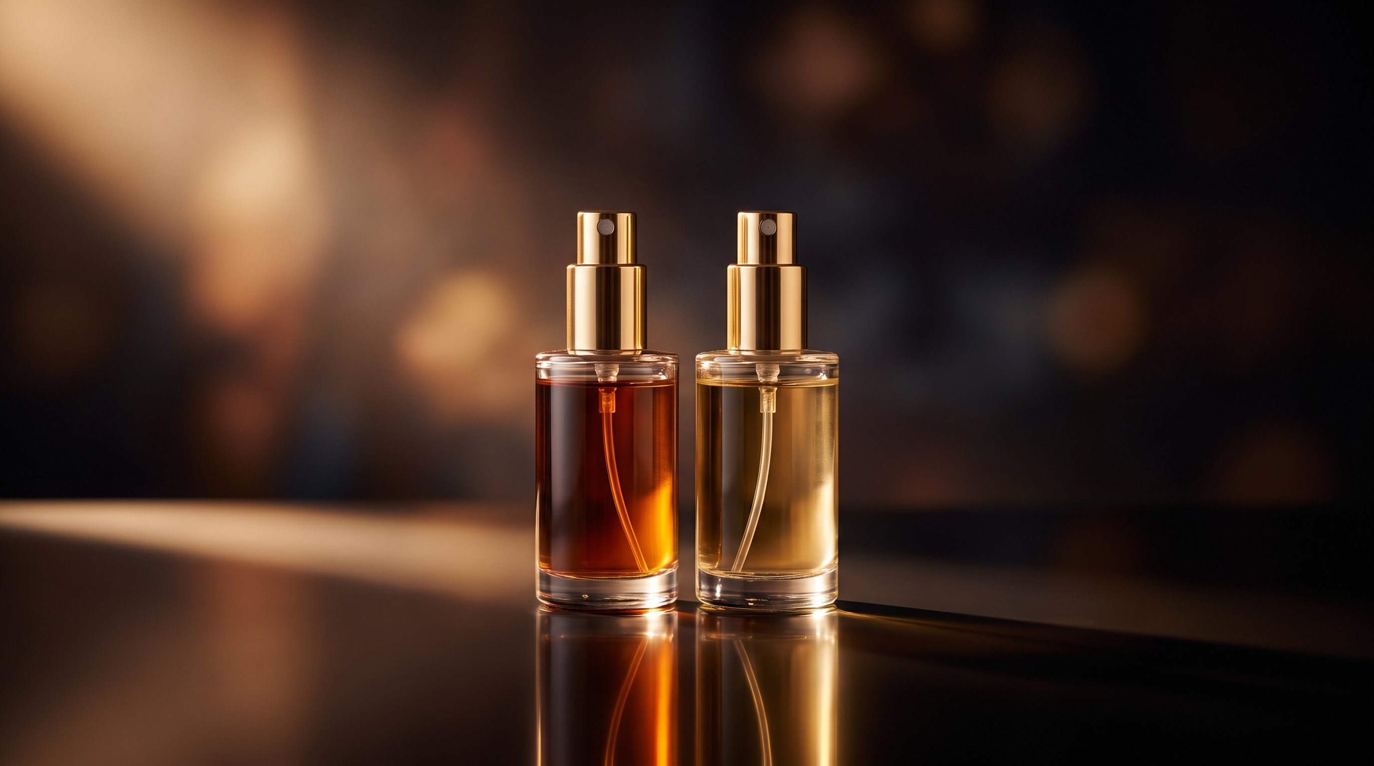 Two glass fragrance decant vials with gold atomisers side by side, symbolizing original versus inspired-by fragrance comparison — Fragrance ADDX Australia
