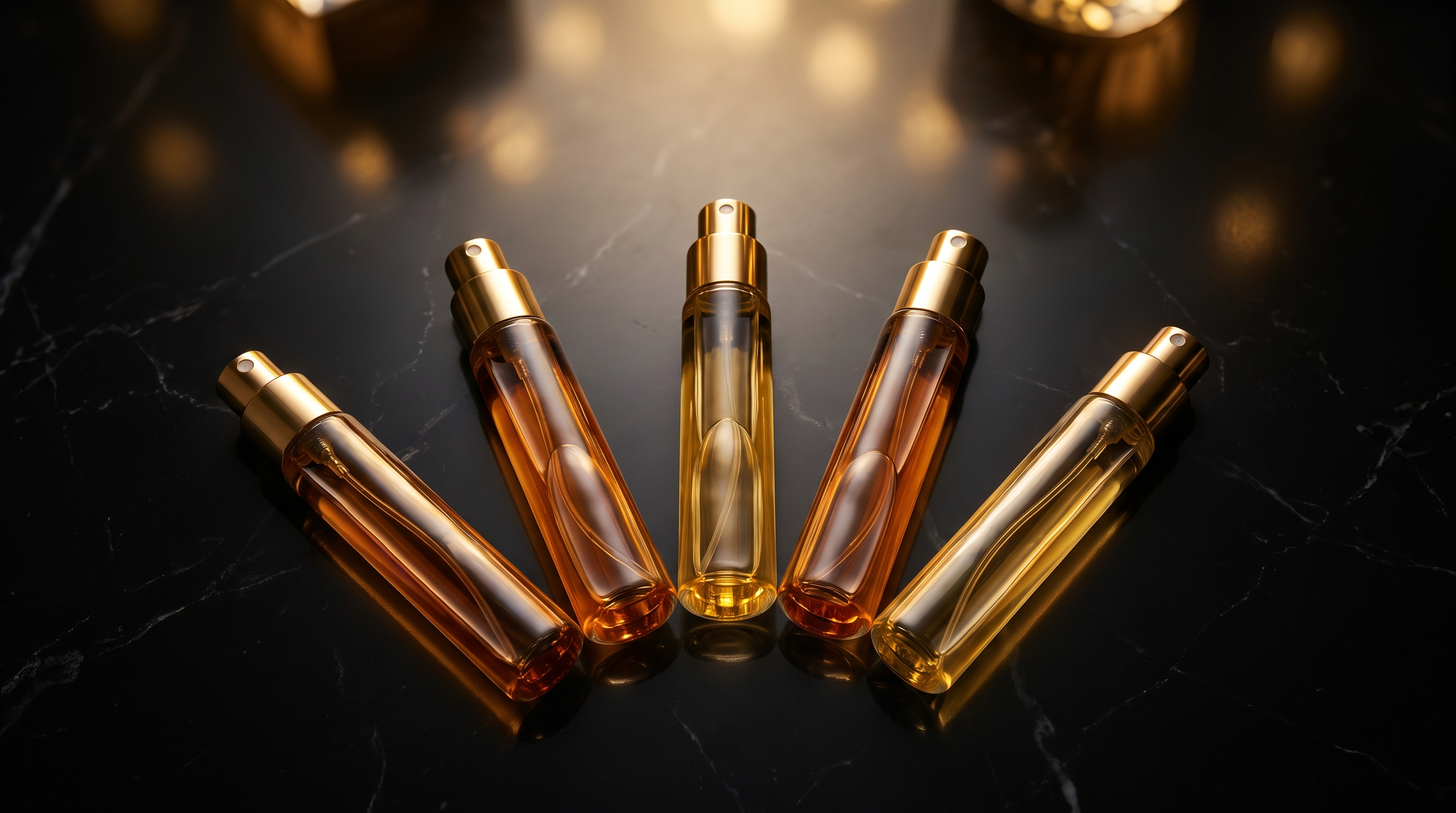 A curated flat lay of five slim glass fragrance decant vials with gold atomisers on dark marble — the complete guide to fragrance decants in Australia by Fragrance ADDX