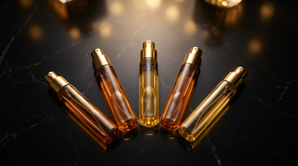 A curated flat lay of five slim glass fragrance decant vials with gold atomisers on dark marble — the complete guide to fragrance decants in Australia by Fragrance ADDX