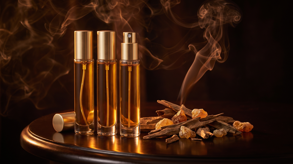 Three slim glass fragrance decant vials with gold atomisers beside oud wood chips and amber resin, representing Middle Eastern and Arabian fragrance decants — Fragrance ADDX Australia