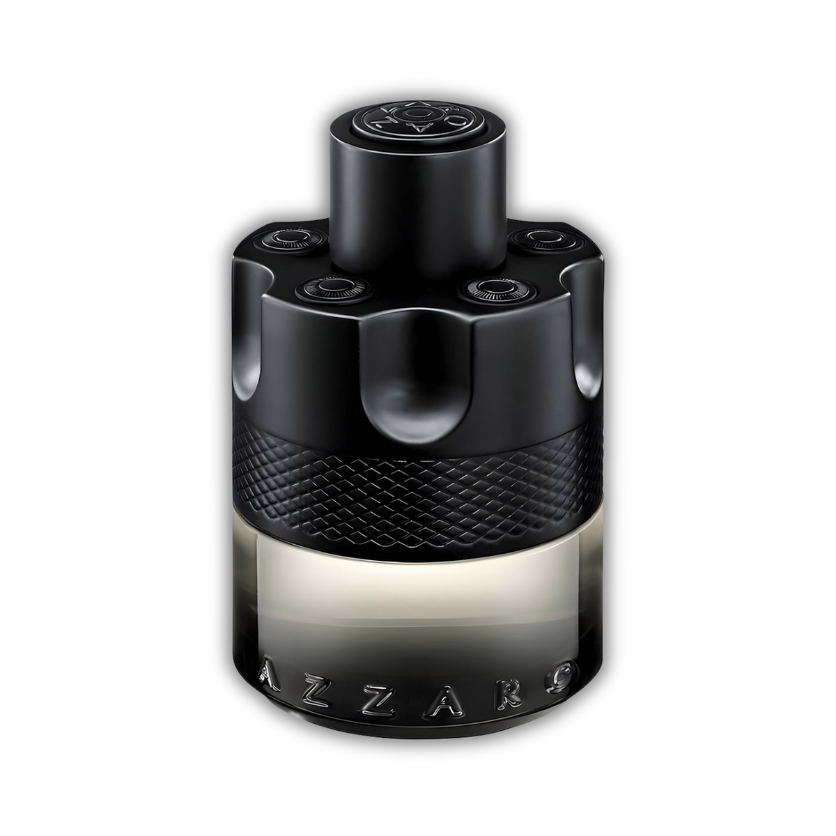 Azzaro The Most Wanted Intense men's fragrance bottle with a black cap resembling a revolver cylinder.