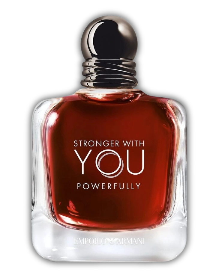 Emporio Armani Stronger With You Powerfully fragrance bottle with red liquid.