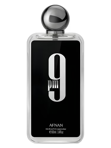 Afnan 9PM Eau de Parfum bottle with a black label and silver '9pm' text.