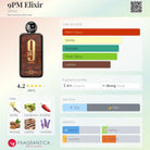 Afnan 9PM Elixir perfume bottle with fragrance notes and accords displayed.