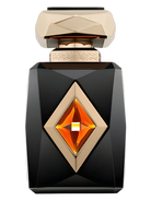 Black faceted perfume bottle with gold accents and an amber gem.