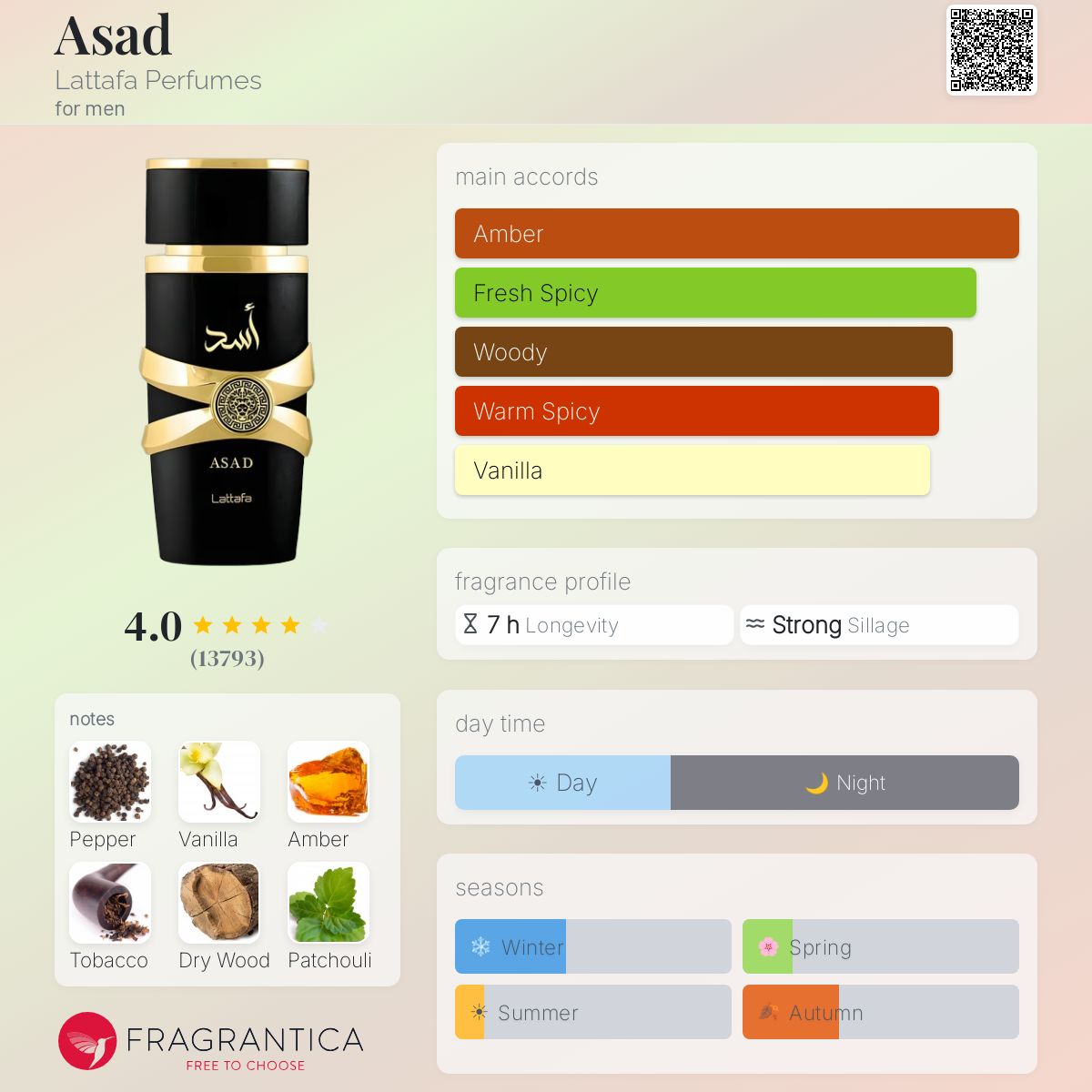 Lattafa Asad perfume bottle with fragrance notes and accords listed.