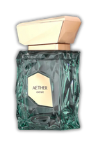Aether Extrait fragrance bottle with a gold cap and a textured green glass bottle.
