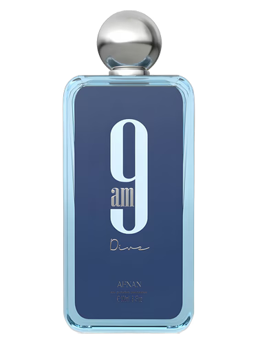 Afnan 9AM Dive Eau de Parfum bottle with a blue label and silver cap.