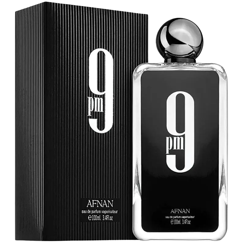 Afnan 9PM Eau de Parfum bottle and box with a large 9 PM logo.