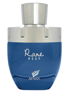Blue glass bottle of Afnan Rare Reef perfume with silver cap and silver text.