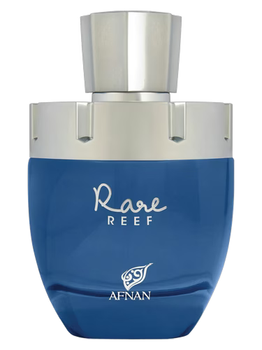 Blue glass bottle of Afnan Rare Reef perfume with silver cap and silver text.