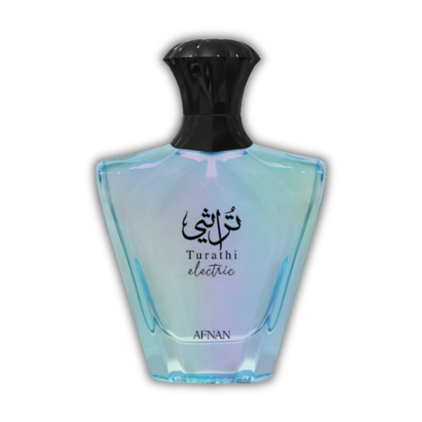 Afnan Turathi Electric perfume bottle with iridescent glass and black cap.