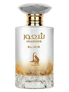 Al Absar Shahoor Elixir perfume bottle with gold accents and a faceted cap.