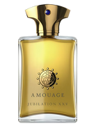 Amouage Jubilation XXV Eau de Parfum bottle with gold cap and blue gem.
