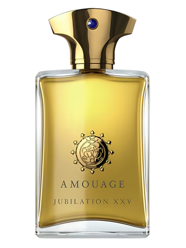Amouage Jubilation XXV Eau de Parfum bottle with gold cap and blue gem.