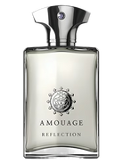 Amouage Reflection Man Eau de Parfum bottle with silver cap and purple stone.