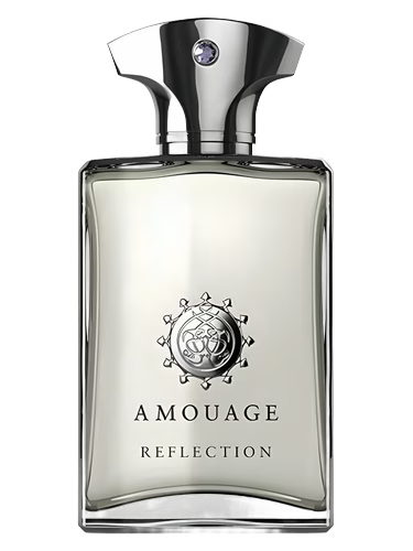Amouage Reflection Man Eau de Parfum bottle with silver cap and purple stone.