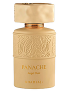 Khadlaj Panache Angel Dust perfume bottle with gold accents and embossed design.