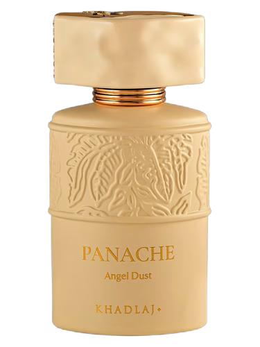 Khadlaj Panache Angel Dust perfume bottle with gold accents and embossed design.