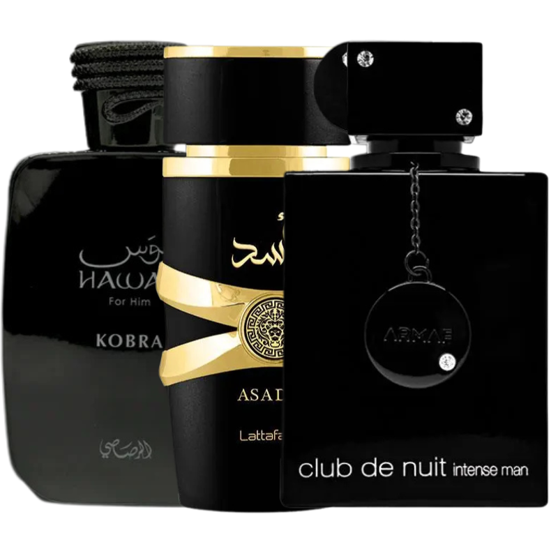 Three black perfume bottles with gold accents and text.