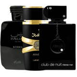 Three black perfume bottles with gold accents and text.