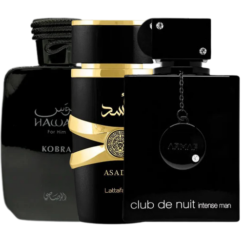 Three black perfume bottles with gold accents and text.