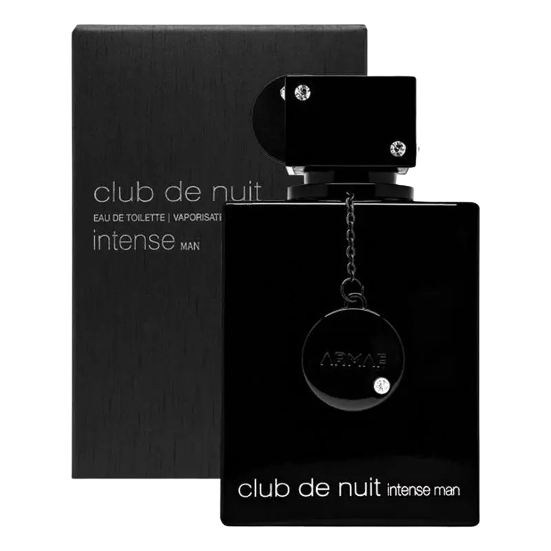 Black bottle of Armaf Club de Nuit Intense Man Eau de Toilette with a silver chain and charm.