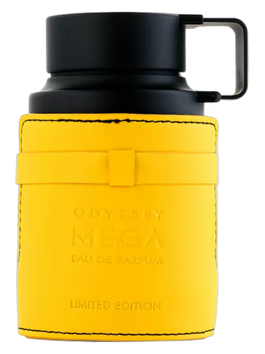 Armaf Odyssey Mega Eau de Parfum decant bottle with yellow leather case and black cap.