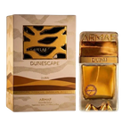 Armaf Dunescape Dubai perfume bottle and box. The box is beige with gold accents and a cutout revealing the bottle.
