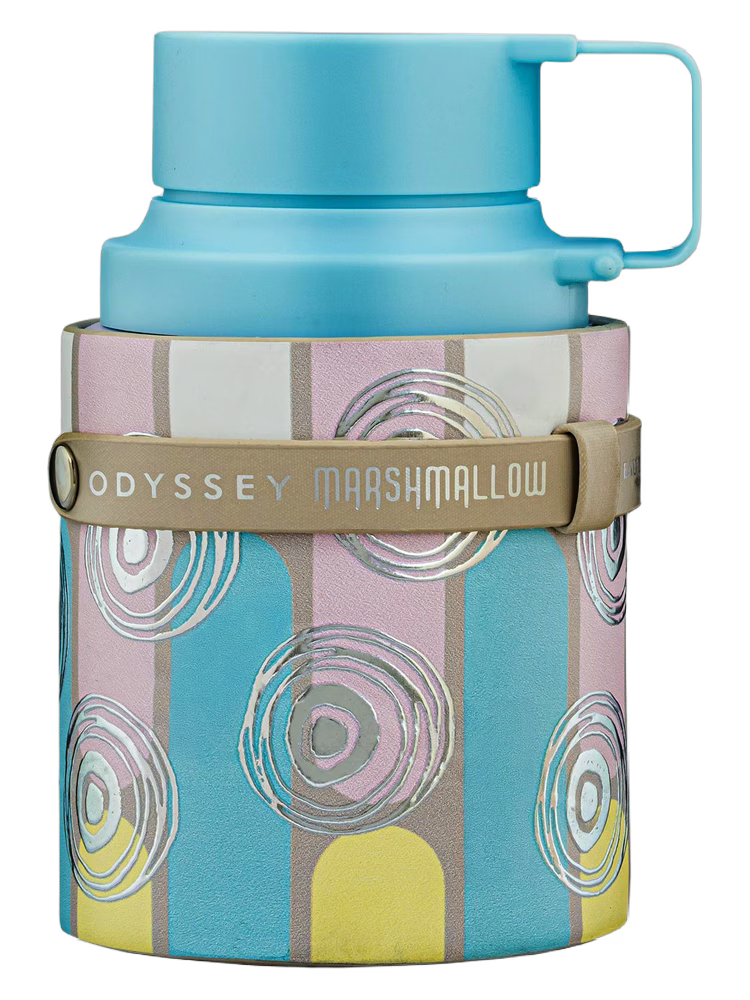 Armaf Odyssey Marshmallow EDP decant bottle with blue cap and colorful striped body.