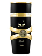 Lattafa Asad perfume bottle with gold accents and Arabic script.