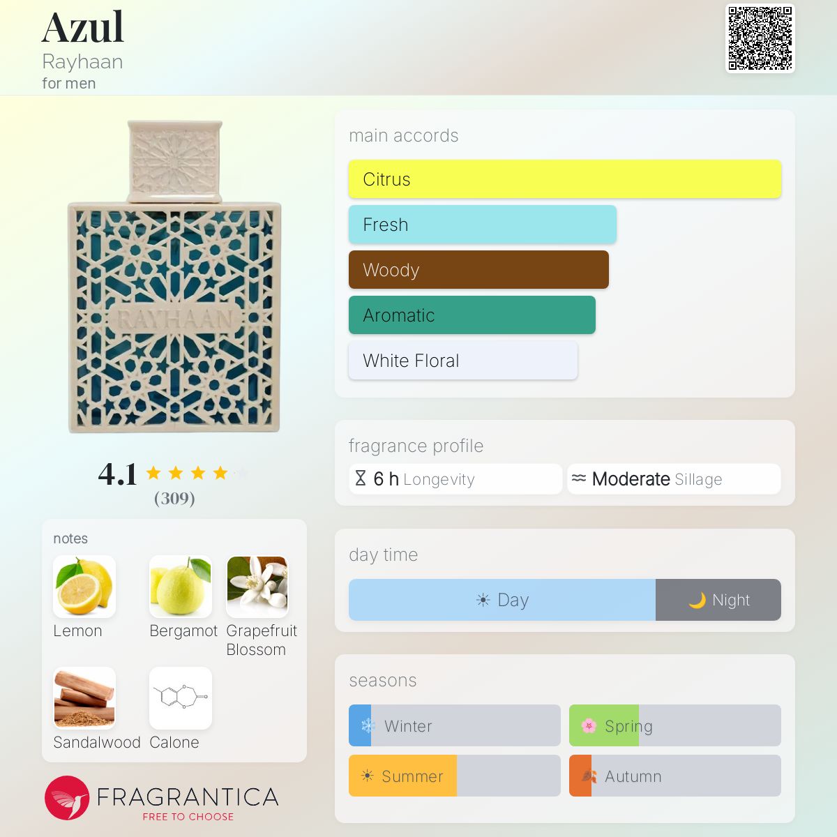Rayhaan Azul men's fragrance bottle with citrus, fresh, woody, aromatic, and floral accords.
