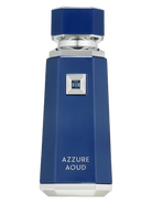 Blue glass bottle of Azzure Oud perfume with silver accents and a blue gem.