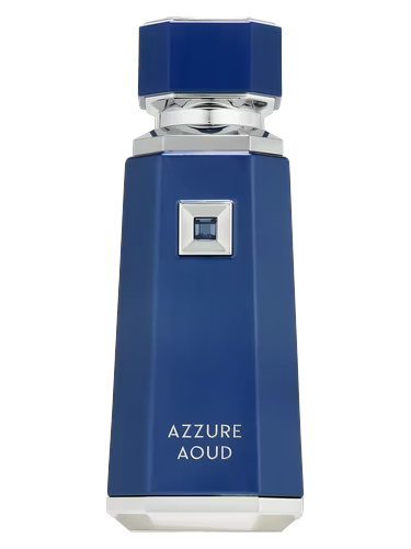 Blue glass bottle of Azzure Oud perfume with silver accents and a blue gem.