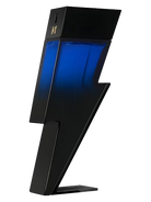 Carolina Herrera Bad Boy Cobalt Elixir fragrance bottle shaped like a black lightning bolt with blue liquid.