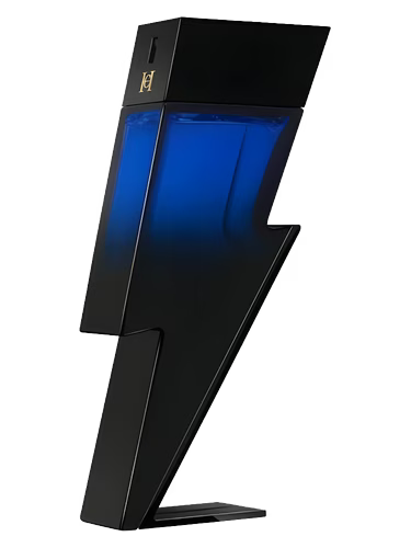 Carolina Herrera Bad Boy Cobalt Elixir fragrance bottle shaped like a black lightning bolt with blue liquid.