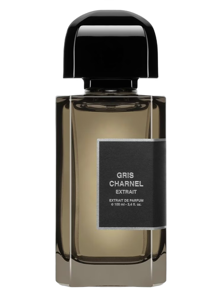 BDK Parfums Gris Charnel Extrait perfume bottle with a black cap and a dark grey label.