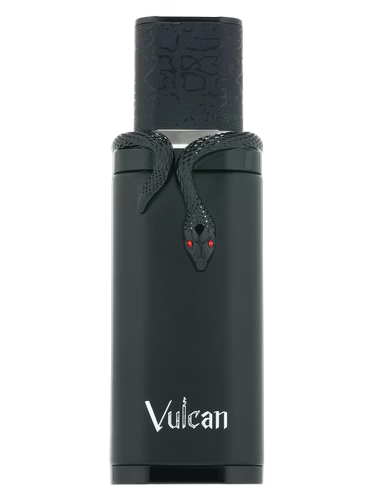 Black bottle of Vulcan fragrance with a black snake wrapped around the neck and red eyes.