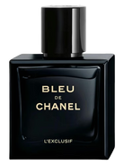 Bleu de Chanel L'Exclusif Parfum bottle with gold lettering on a black background.