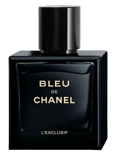 Bleu de Chanel L'Exclusif Parfum bottle with gold lettering on a black background.