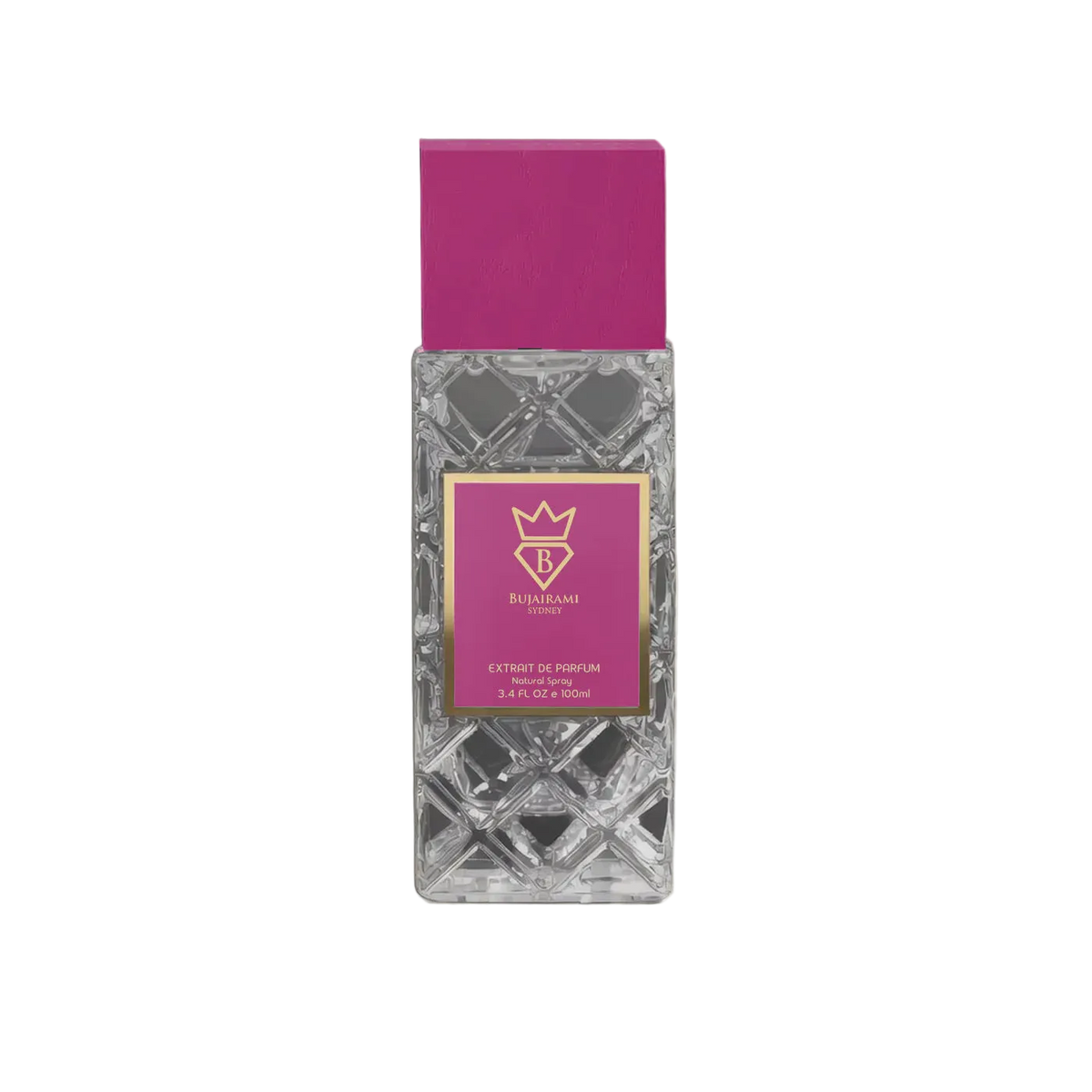 Bujairami Mastermind Extrait de Parfum bottle with a pink cap and a diamond-patterned glass body.