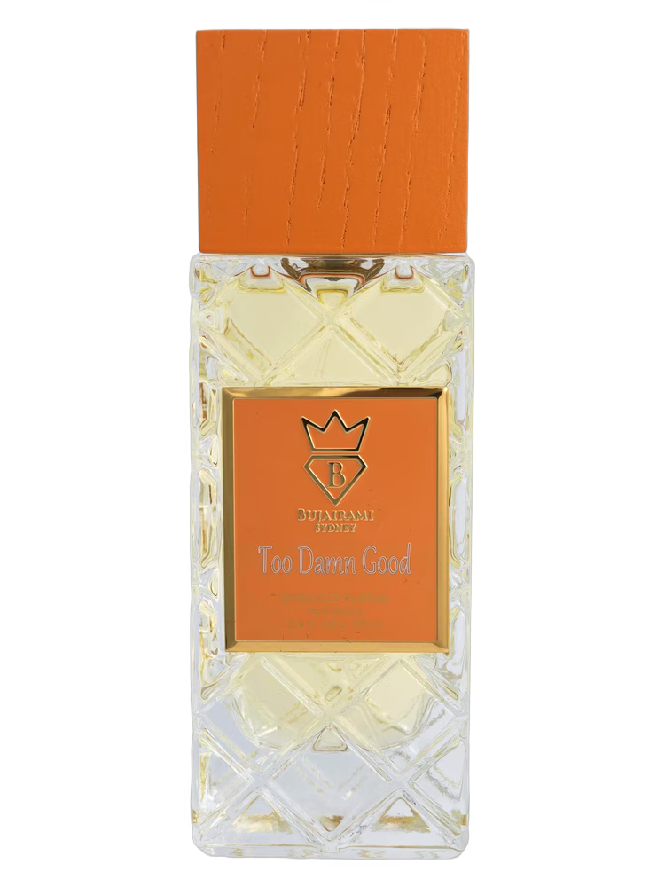 Bujairami Too Damn Good Extrait de Parfum decant bottle with orange cap and textured glass.