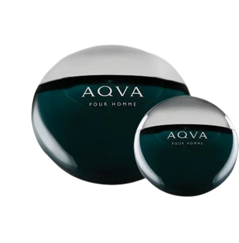 Two Bvlgari Aqva Pour Homme fragrance bottles on a black background.