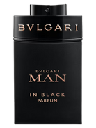 Bvlgari Man in Black Parfum fragrance bottle with gold lettering on a black background.