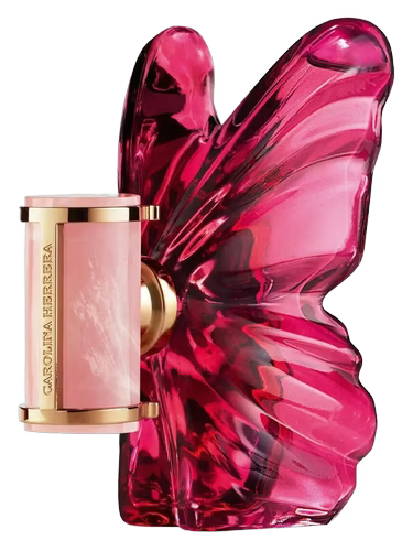 Carolina Herrera La Bomba perfume bottle shaped like a pink butterfly.