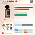 BDK Parfums Gris Charnel Extrait bottle with fragrance notes and accords displayed.