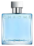 Azzaro Chrome Eau de Toilette bottle with blue liquid and silver cap.