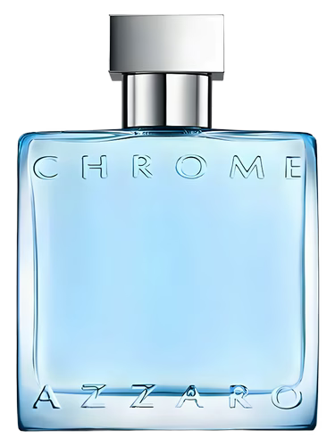 Azzaro Chrome Eau de Toilette bottle with blue liquid and silver cap.